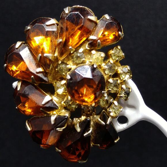 Vintage Topaz & Yellow Rhinestone Clip Earrings, Gold Plated, 1950s - Picture 3 of 10